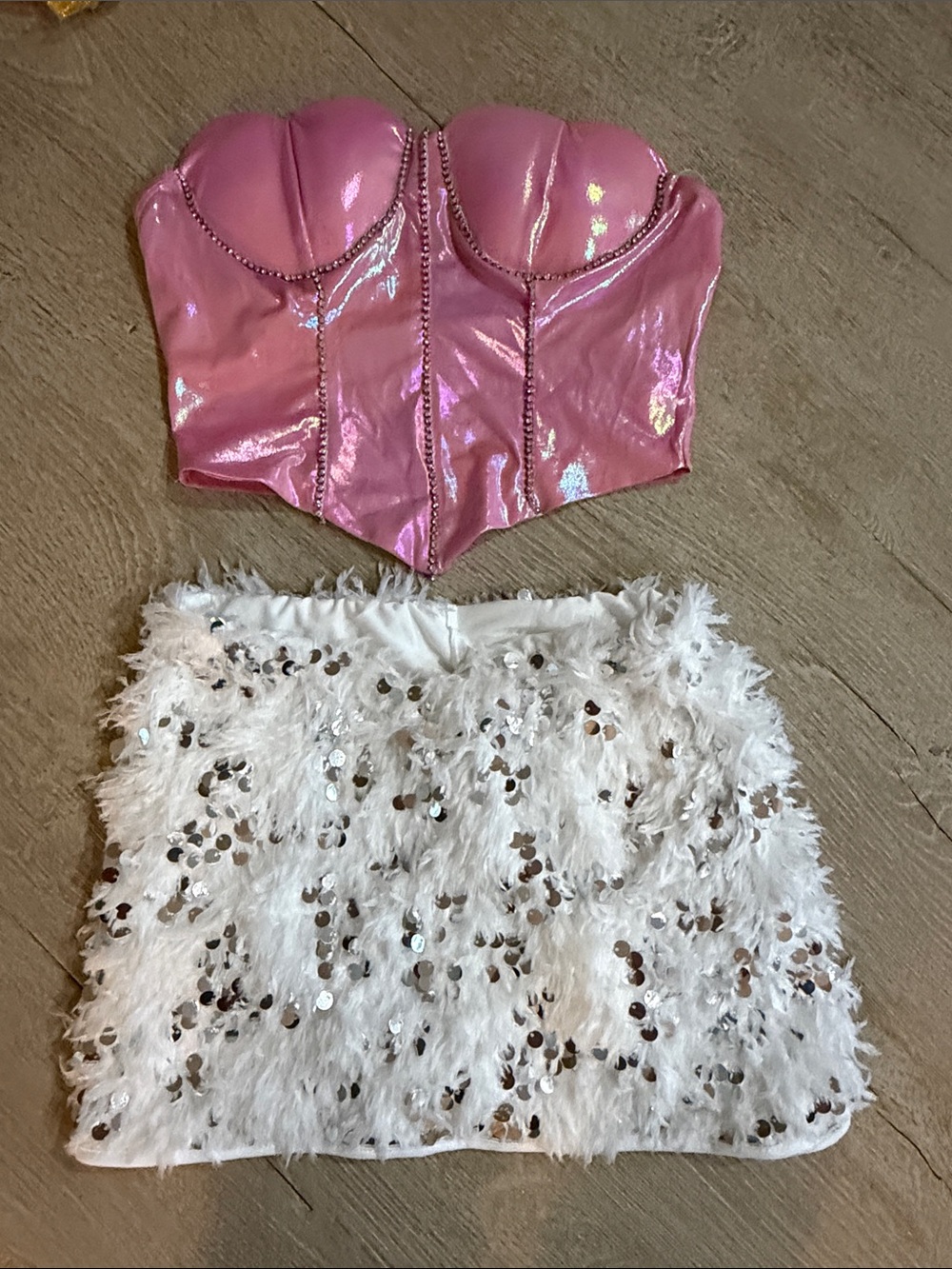 Pink Shiny Corset & Sequin-Feather Skort Costume Set
